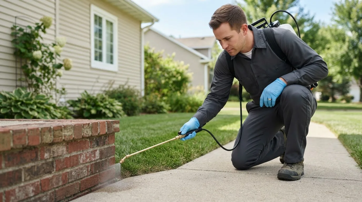 Pest control technician treating a home near Burlington, ND